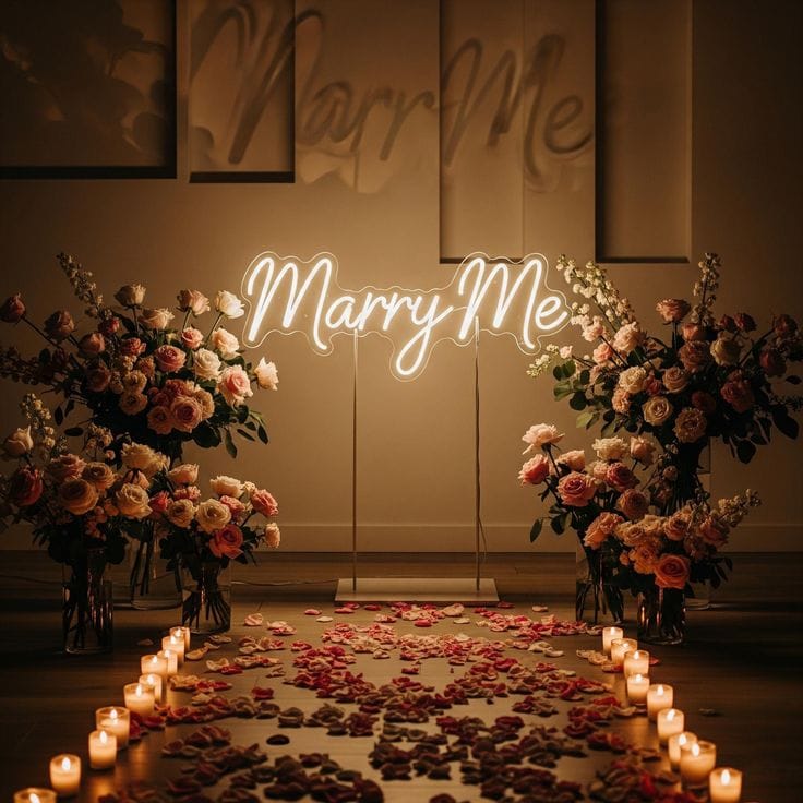 Proposal setting- Warm Neon Marry me with Flowers