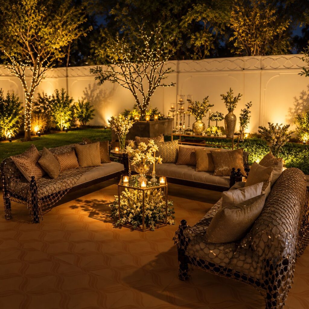 Wooden Base Deewaan  3 Seater With Thematic Cusions And Coffee Table