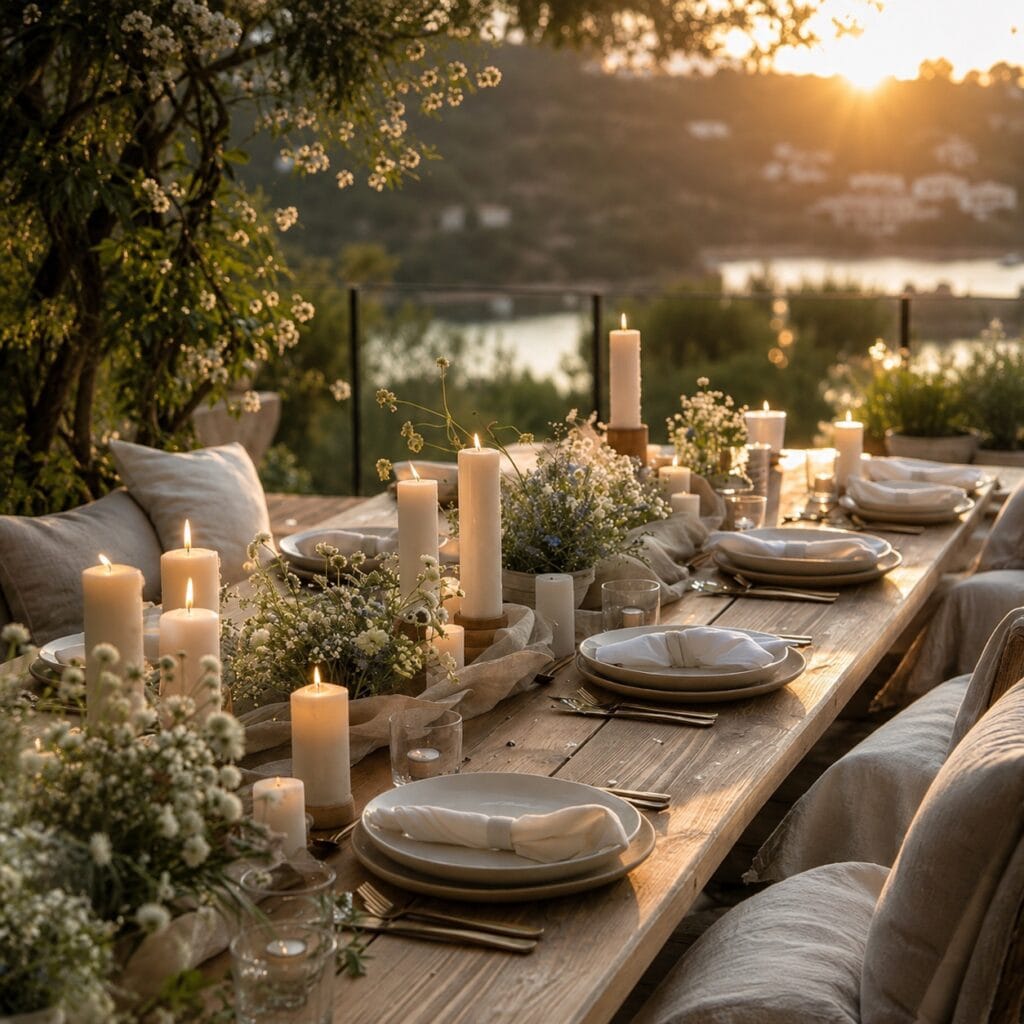 Dreamy Long Table white florals with Wooden Candle Stands