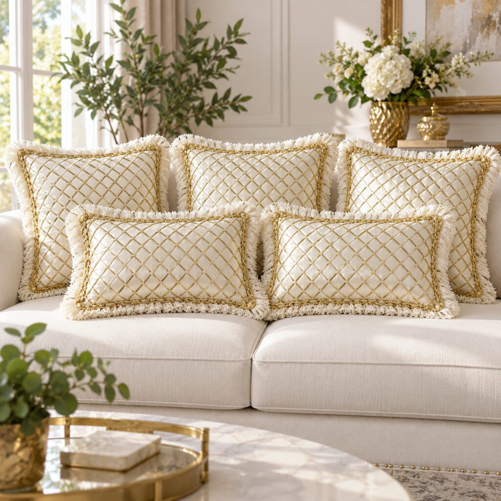Ivory Gota Mesh Cushion with Golden Fringes