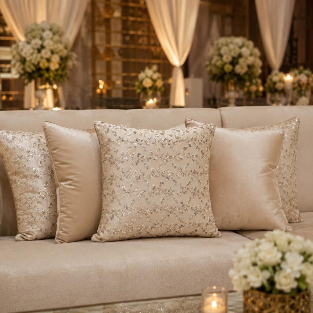Silver Gota Embroidered Silk Cushion Cover